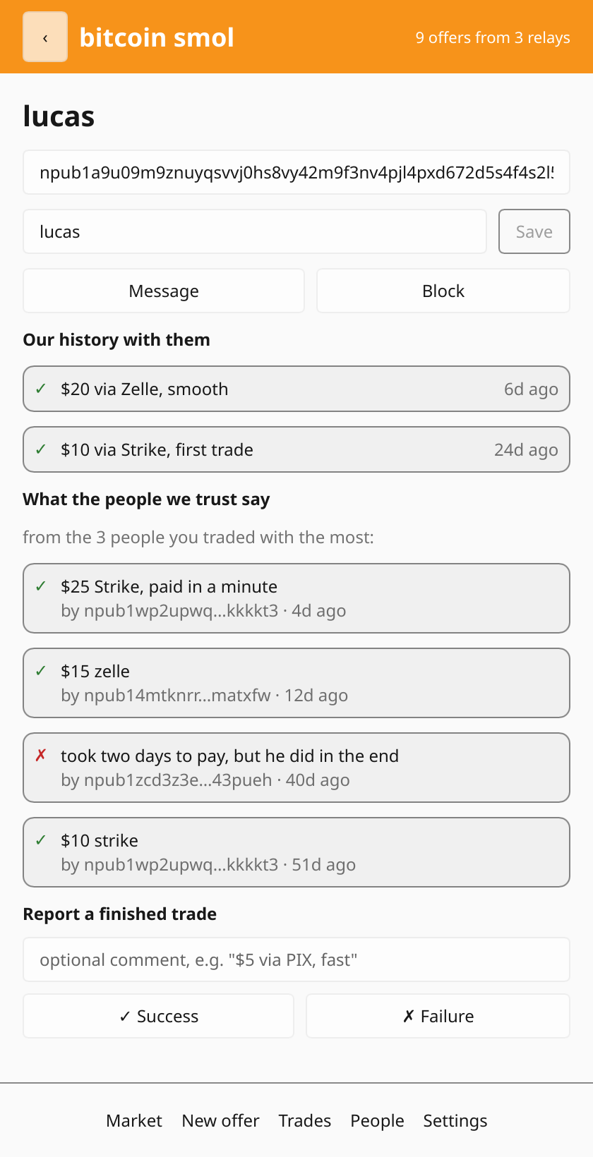 someone's trade history, and what the people you trust say about them
